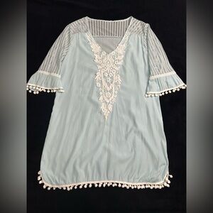 Light Blue Swim Cover-Up with Lace Details and PomPoms